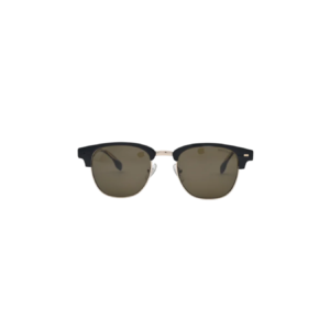 Angled view of black browline sunglasses with gold-tone rim