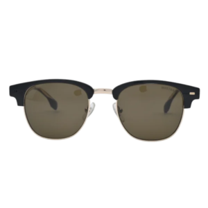 Angled view of black browline sunglasses with gold-tone rim